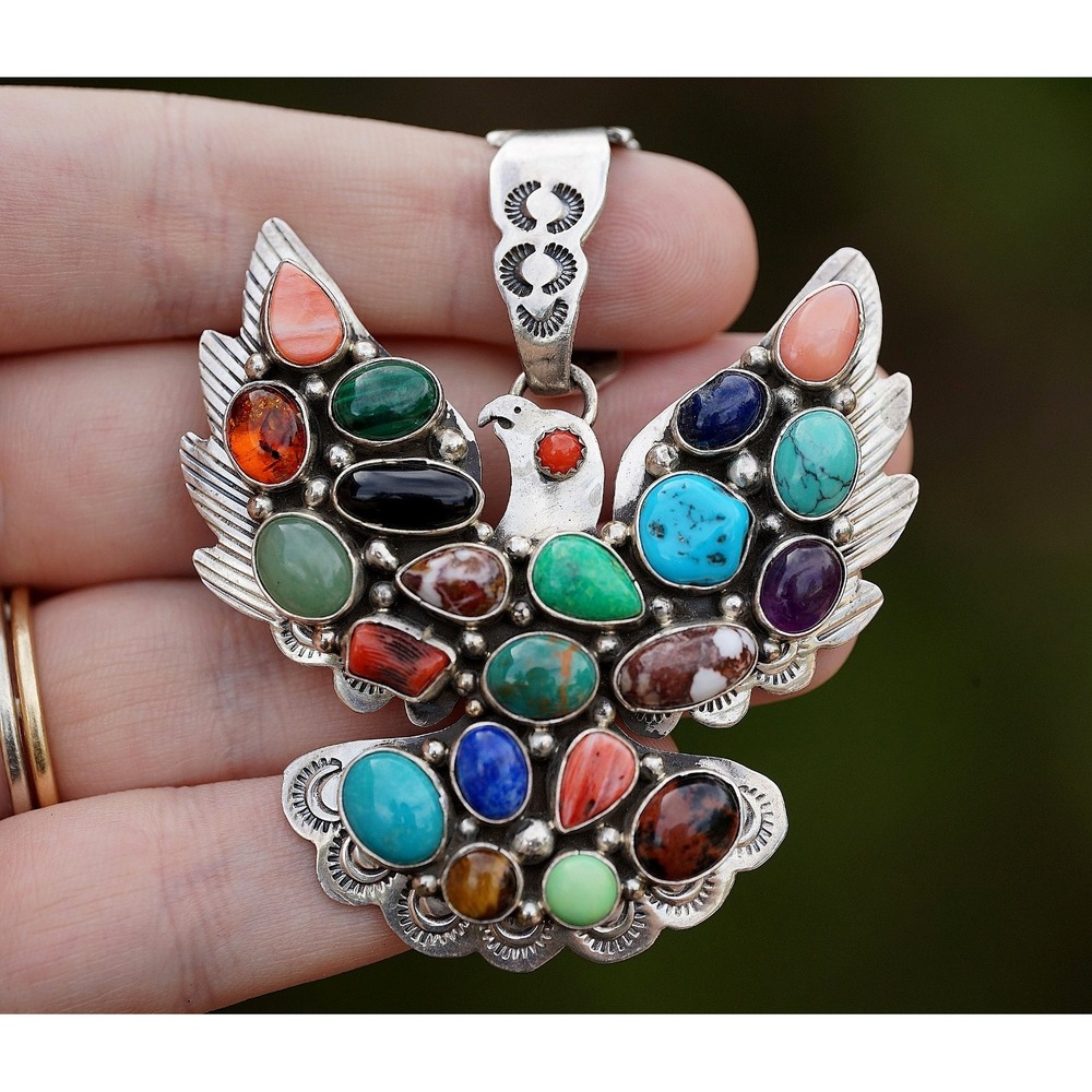 Emer Thompson - Navajo Sterling Silver Multi-Stone Engraved Eagle Pendant 48.38g